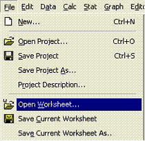 Minitab File Menu with Open Worksheet highlighted