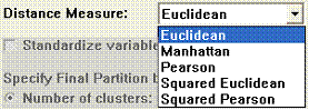 Part of the Cluster Observations window with Euclidean selected as the distance measure