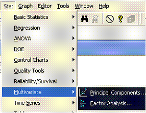 Minitab Stat menu showing Factor Analysis as an option from the multivariate sub-menu