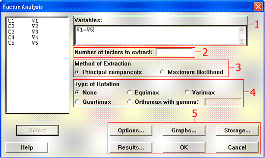 Minitab Factor Analysis main options window