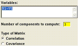 PCA options window with 3 entered into the "Number of components to compute" box.